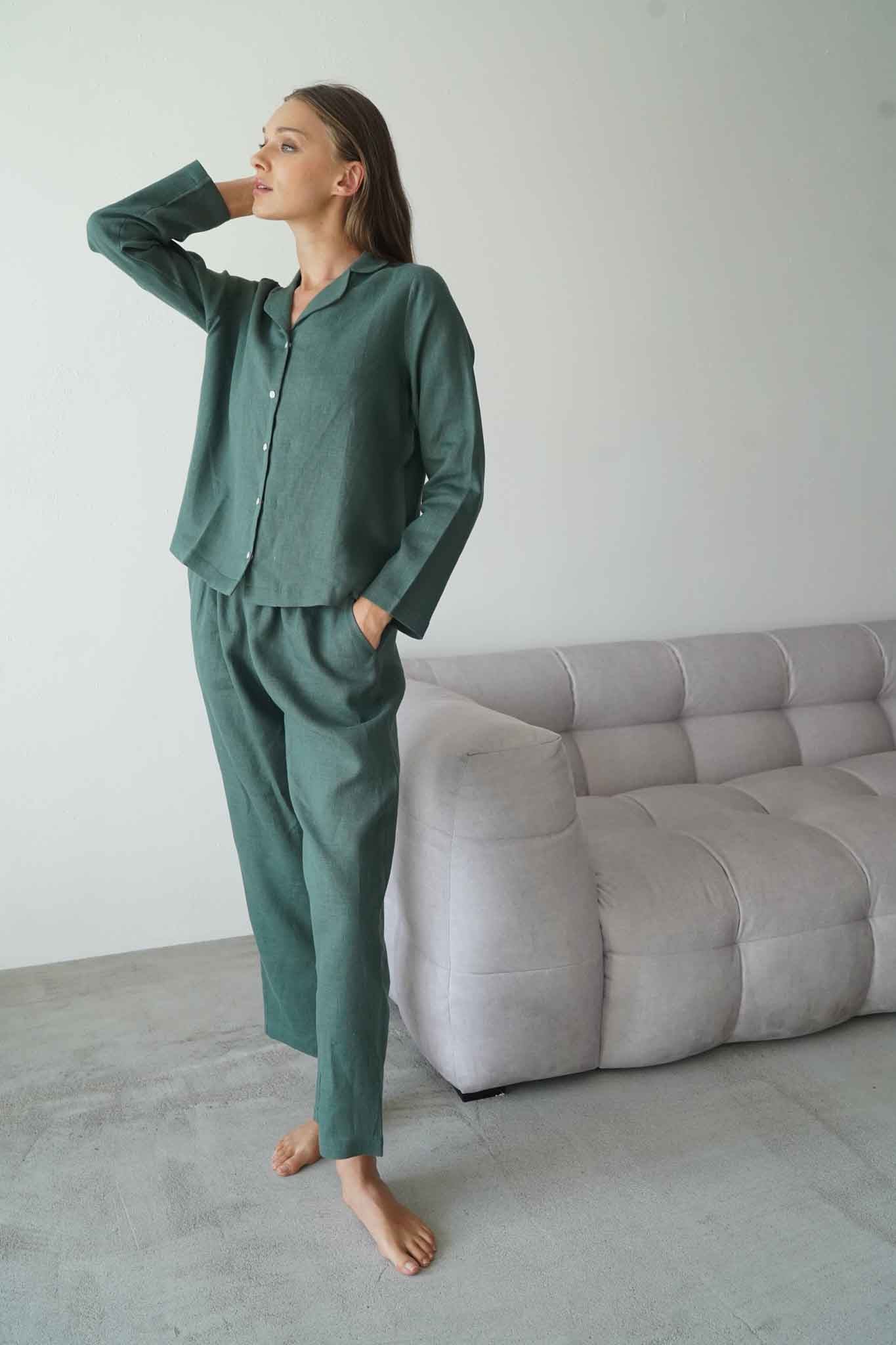 OD RĘKI Koszula z długim rękawem Linen - Pine Green